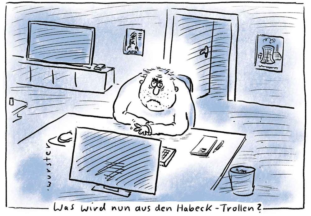Comic Zeichnung mit einem alten dicken Mann, der lustlos vor seinem Computer sitzt. Dadrunter der Schriftzug 