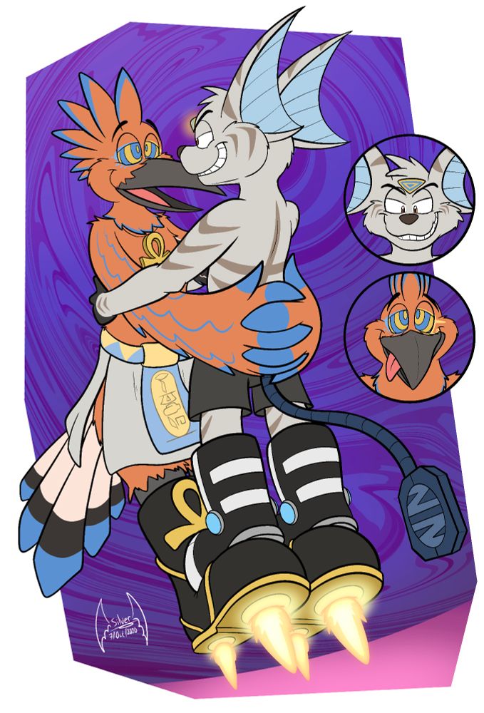 An orange, hypnotised bird wearing jet boots blasting in the sky with a (lombax like) Zalno in his own jet boots standing on top of mine, grinning as he uses his visor on his forehead to swirl the orange bird. 