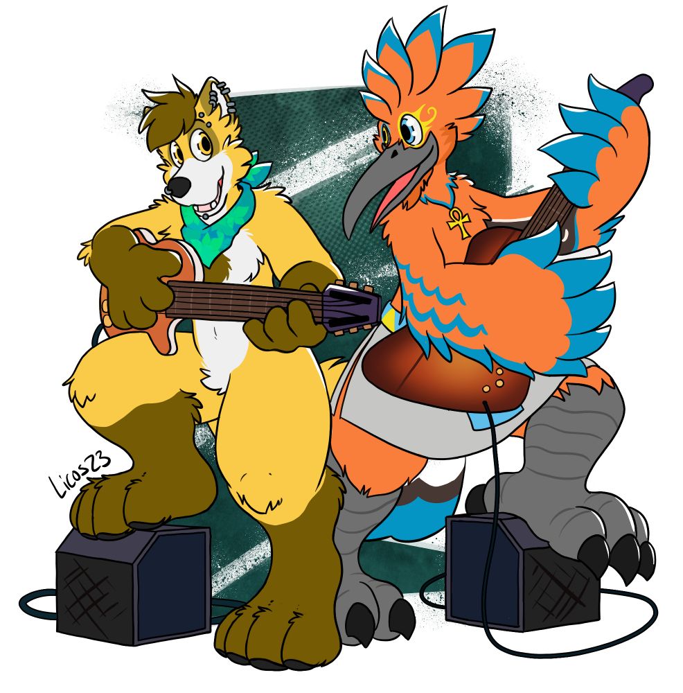 A beige and brown highlighted tanuki with a green bandana around their neck with ear and nose piercings hiding a rounded orange guitar. With one foot on top of an amp. Next to a orange and blue highlighted Hoopoe bird holding a sunburst "Firebird" shaped guitar while stepping on a amp on one foot as well. 