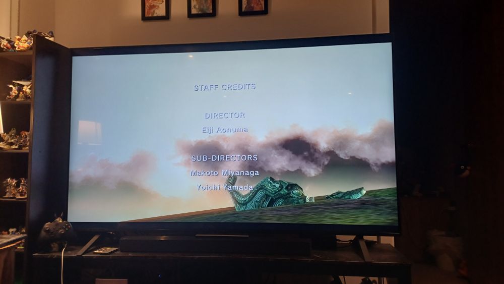 A TV with the screen showing the end credits of Zelda: Twilight Princess 