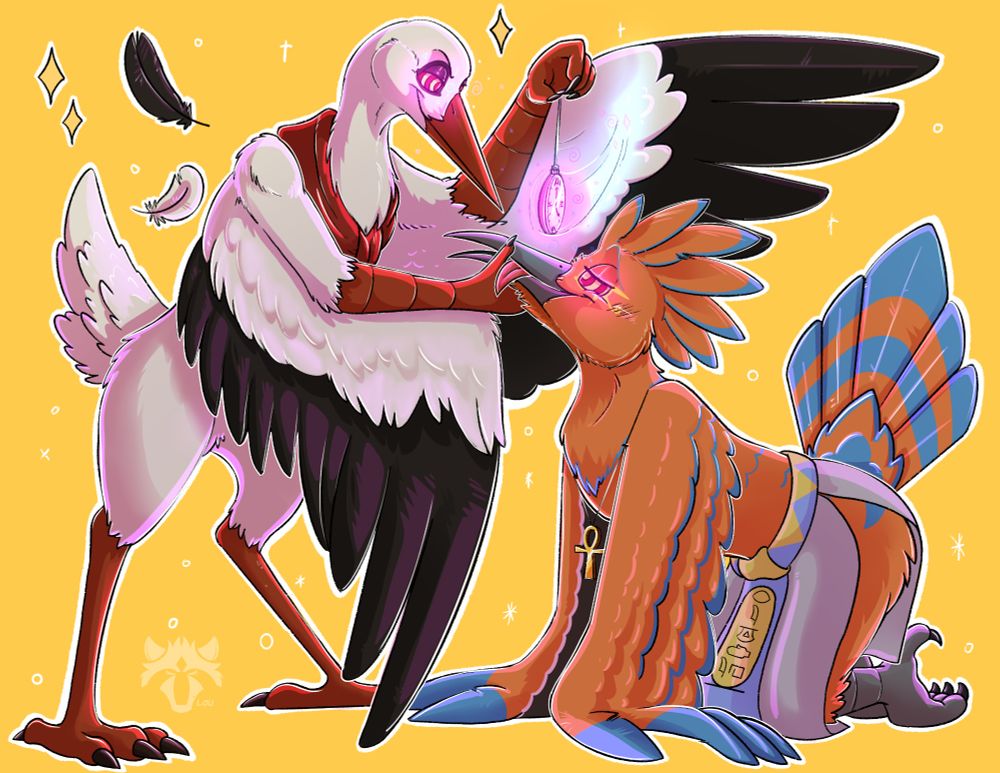 A black and white stork with crippled eyes swinging a pocket watch infront of a kneeling down orange bird. 