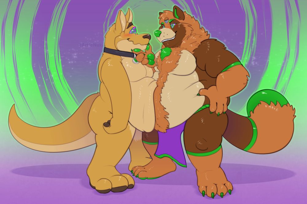 A tanuki belly squishing into a monster-roo holding his chin and looking into their single eye with his own three rippled hypnotic eyes. 