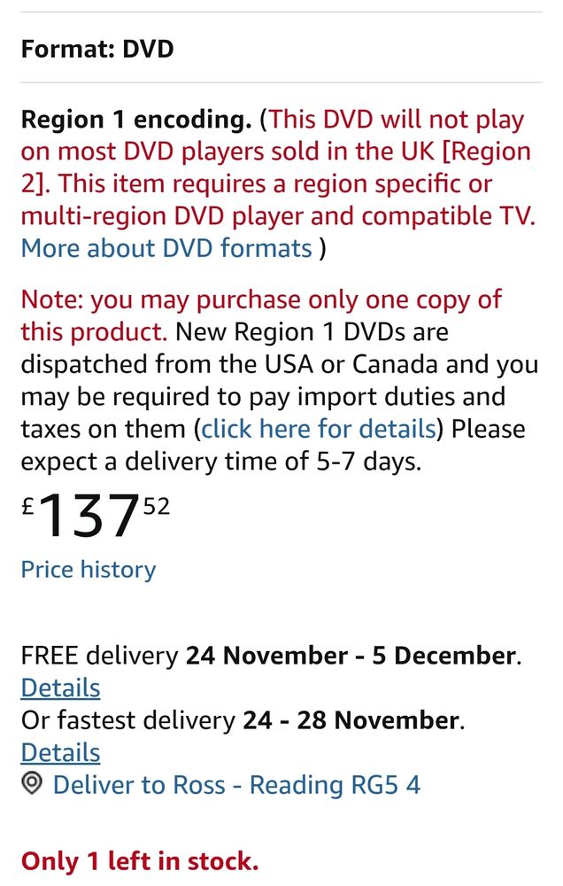 Description saying what region encoding number it is (1), and the price being £137.53