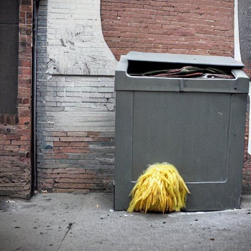 Yellow fluffy next to big grey bin in an alley 