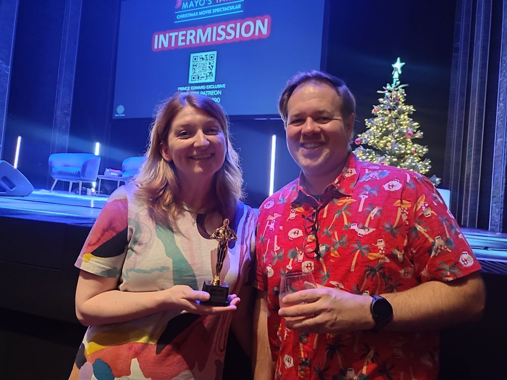 Me and Kerry in front of the stage at Prince Edward theatre for the live Kermode and Mayo event.