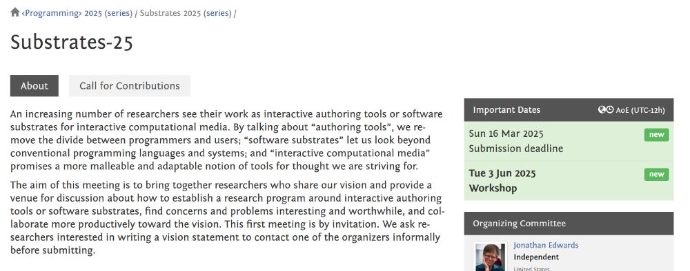 Screenshot of the Substrates workshop website. The displayed submission deadline Sun 16 Mar 2025
