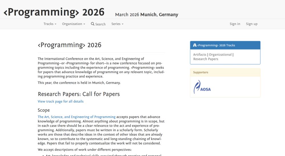 A screenshot of the <Programming> 2026 website. It is very empty because this was just announced, but it is displayed that the conference will take place in March in Munich.