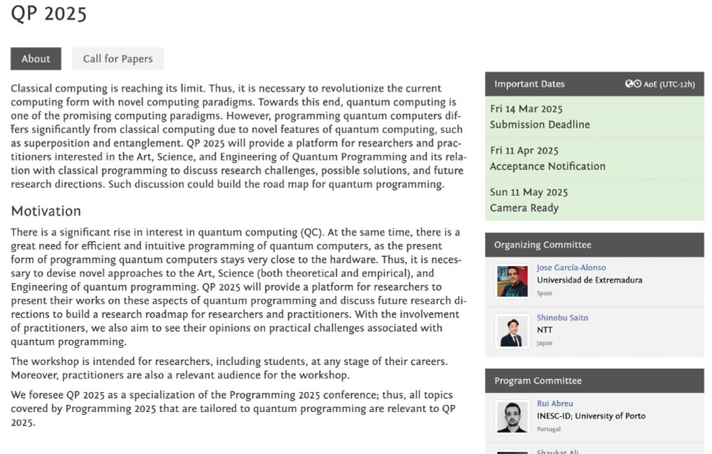 Screenshot of the QP workshop website. The displayed submission deadline is Fri 14 Mar 2025