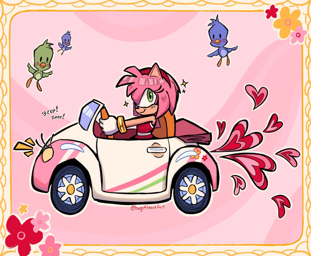 Amy Rose is driving a cartoon convertible VW beetle. Red and pink striped hearts spew out the back. Amy looks at the camera, smiling, with sparkles surrounding her.