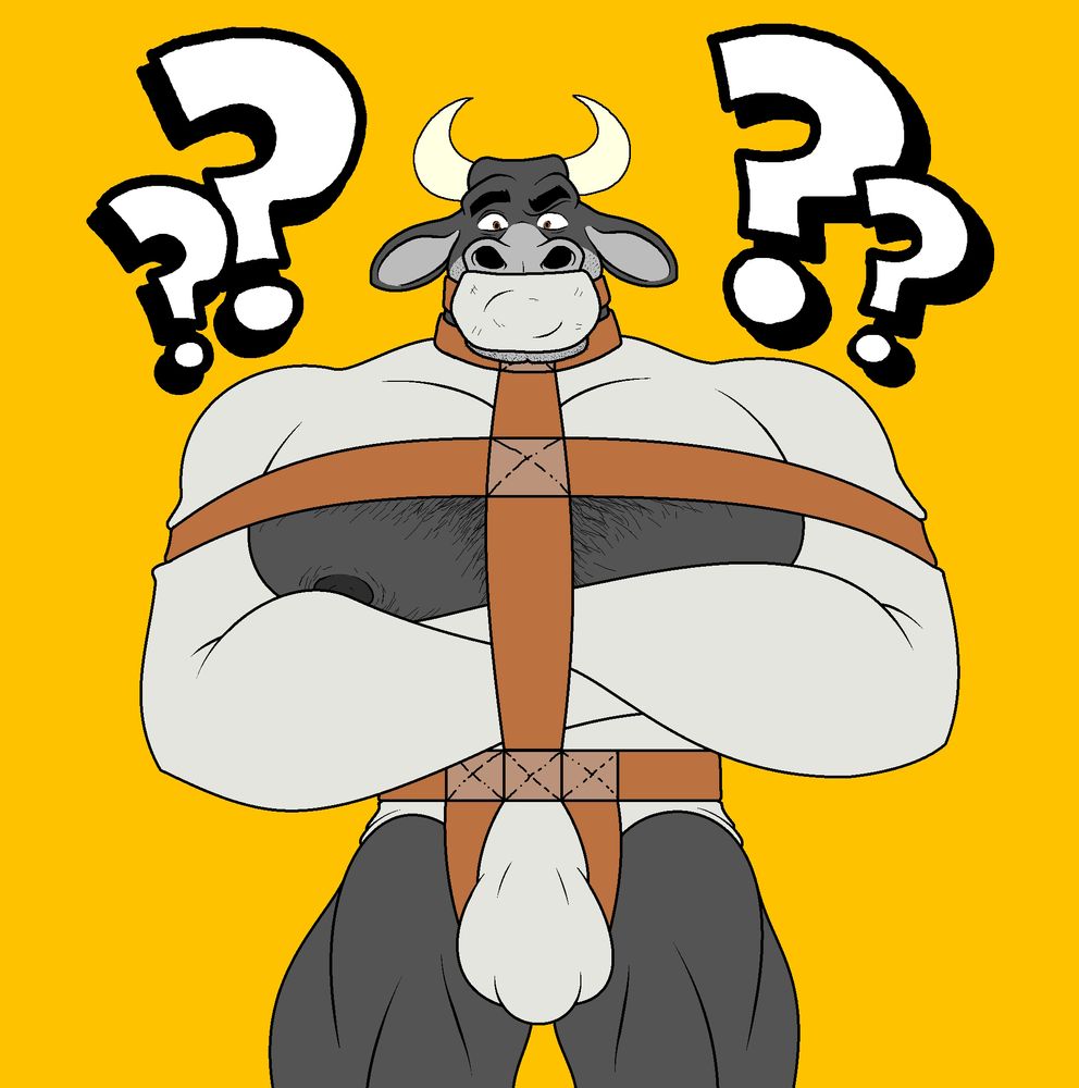 A muscular bull bound and muzzled in a straitjacket against a yellow background.