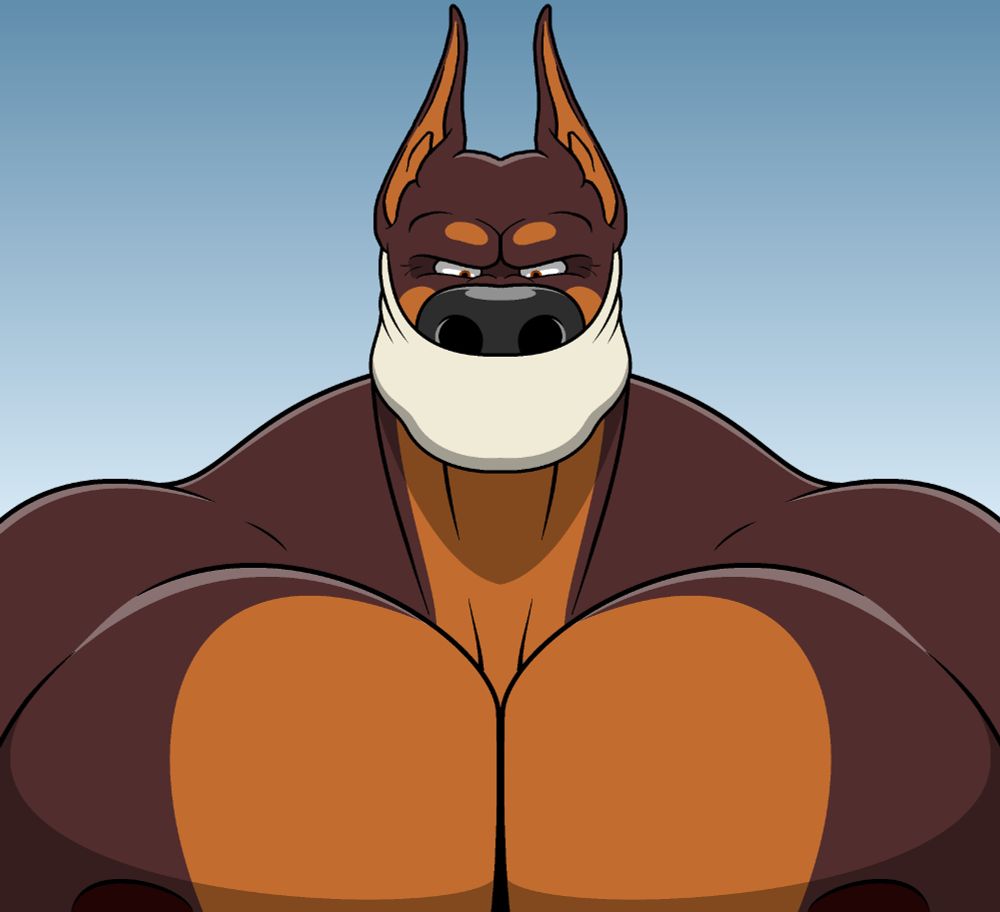 A bust of a massive, muscular male anthropomorphic Doberman wearing a white cloth gag over his mouth.