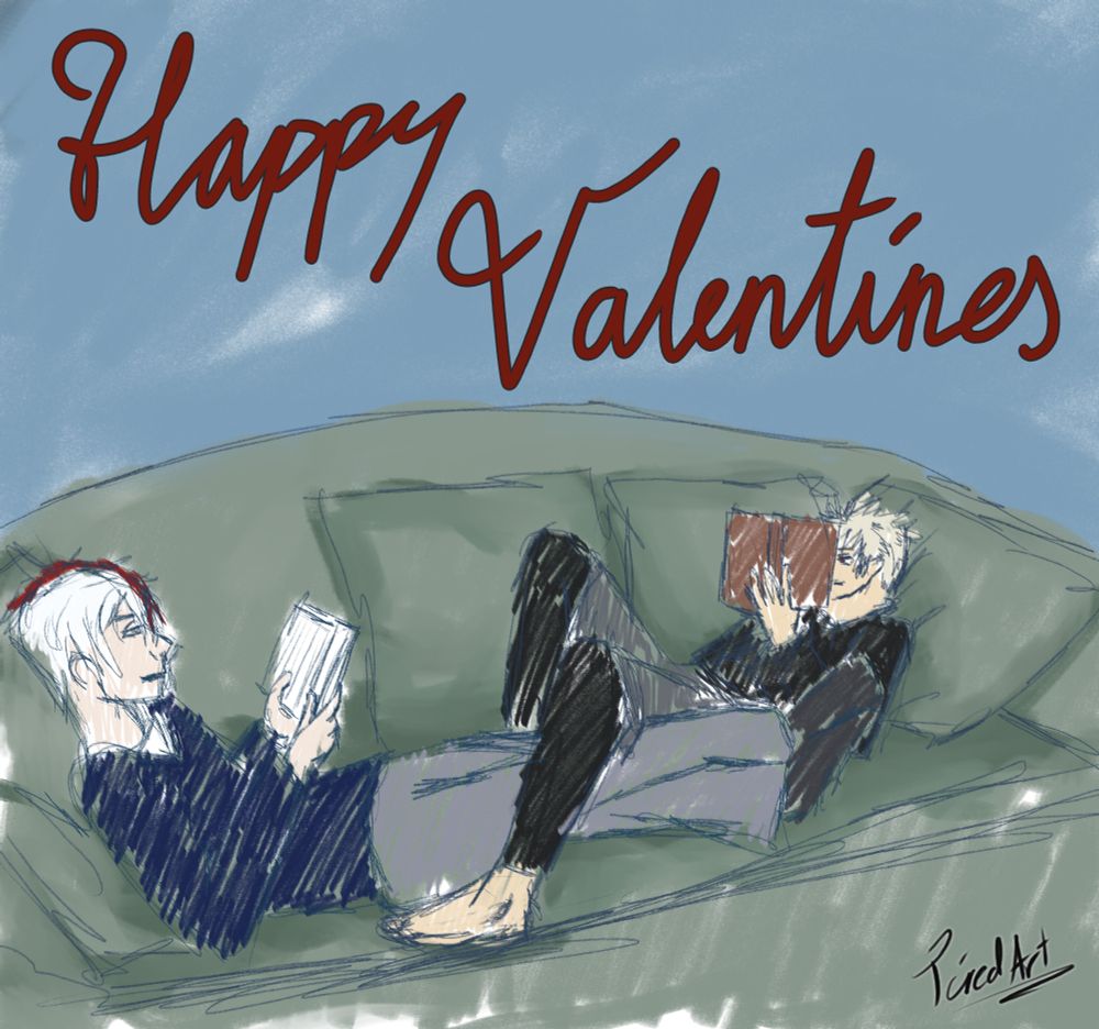 Todoroki and Bakugou laying on the sofa, both are reading