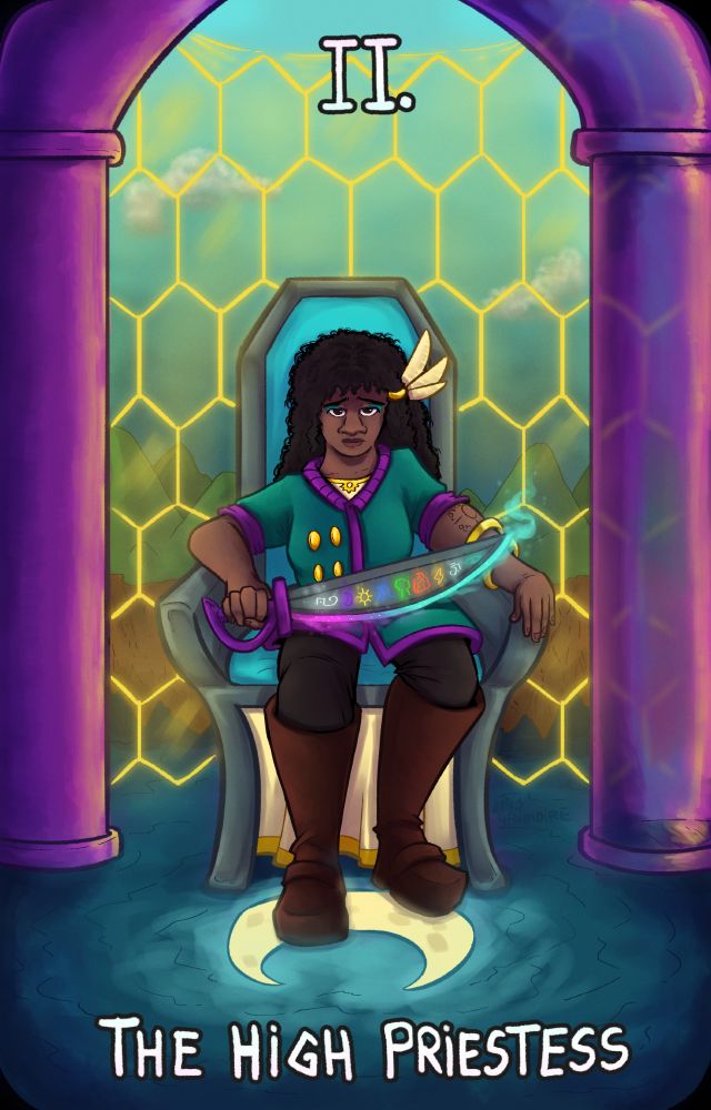 The High Priestess card features Elise from Splitting Image. She sits with a tired expression in a throne beside two pillars made of plastic. Her feet hover above a water-like surface with the image of the moon on it. Behind her, there is a barrier made of yellow hexagons, and beyond it, a floating island.