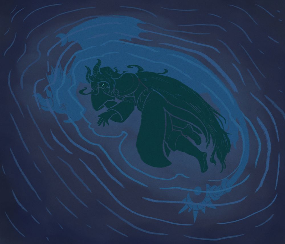 Digital art of a horned humanoid laying down in a rippling surface. She stares sadly at the floor, her enormous hair fallen behind her. Under the surface, a great shape encircles her, with a long tail and wings, but horns much like hers.