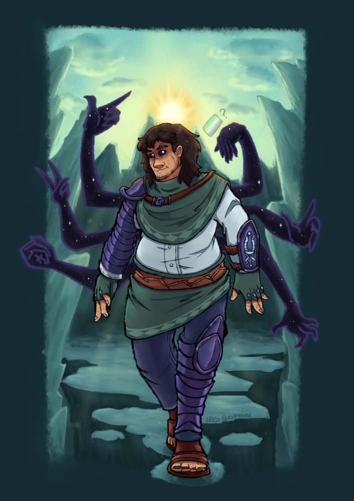 Digital art of an armored young demigod, with six arms made of a black, starry material.