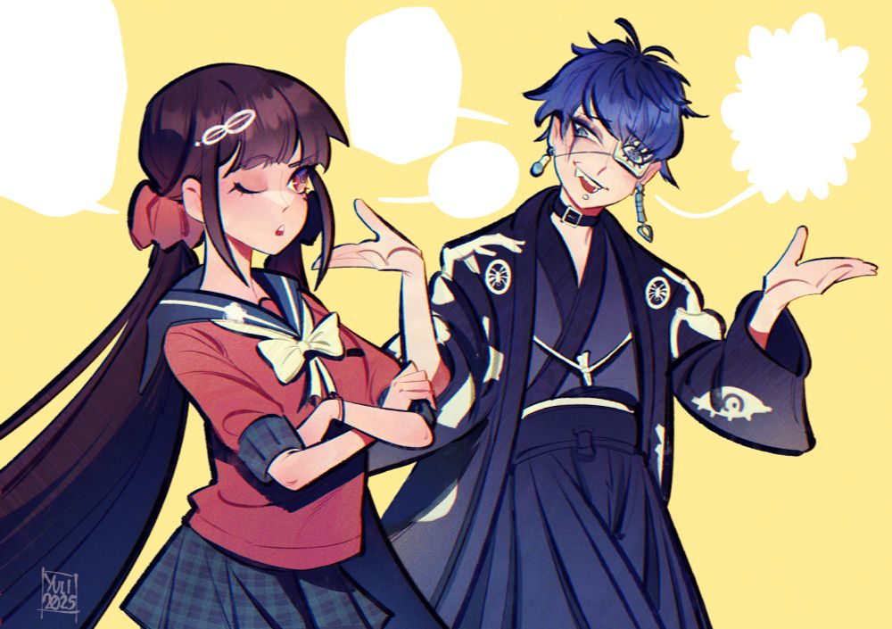 Maki Harukawa from danganronpa v3 and yugamu omokage from the hundred line last defense academy chatting together. #YuliArt YuliArt 
