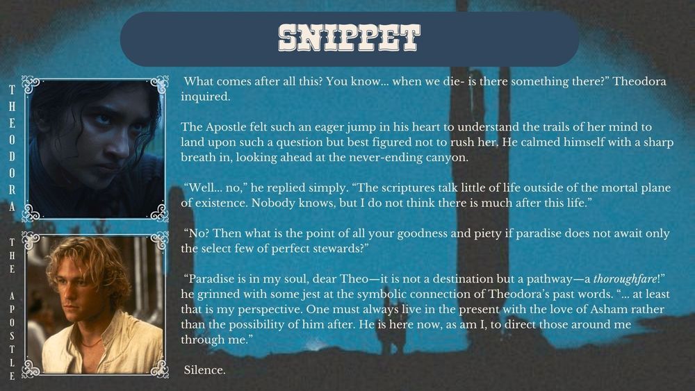  A dialogue scene/snippet shows two people. Theodora, a woman with an intense expression, questions life after death. The Apostle, a blonde man, suggests life’s meaning lies in present love, not afterlife, adding a tone of reflection and calm.