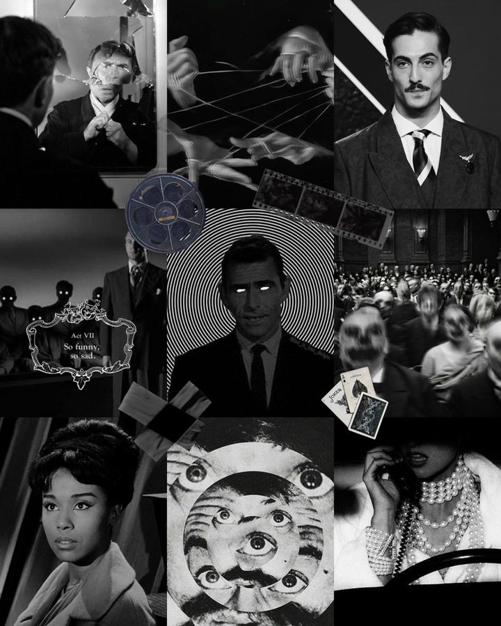 A collage of vintage noir images featuring a man in a suit, shattered mirror reflection, puppet strings, surreal eyes, and intense facial expressions. The tone is mysterious and dramatic.