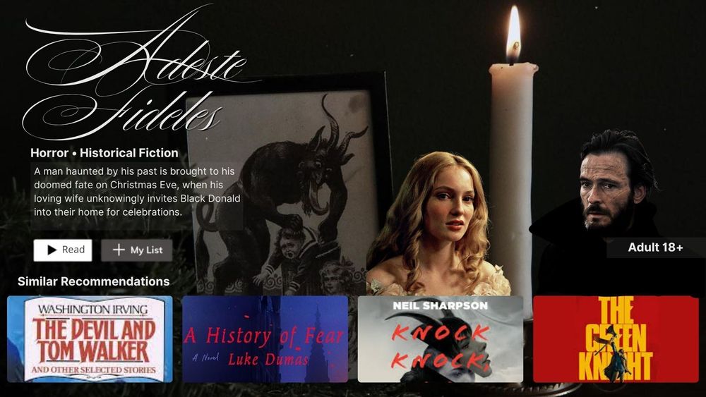 A picture of a writing pitch in the form of Netflix UI with the title, the genres Horror and Historical Fiction, a description, and similar recommendations in the form of comparables: The Devil and Tom Walker, A History of Fear, Knock, Knock Open Wide; and The Green Knight.