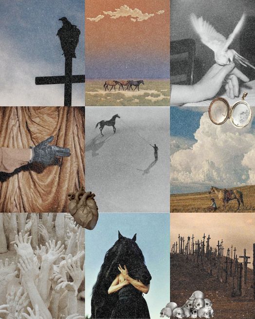 a pastel moodboard (right to left); a cross with a vulture on top, horses in the desert, a hand with a dove; a velvet background with a finger gun, a person training a horse, a woman resting with a horse in the plains; sculptured hands reaching from the ground; a man and a dark horse, many crosses staked into the ground