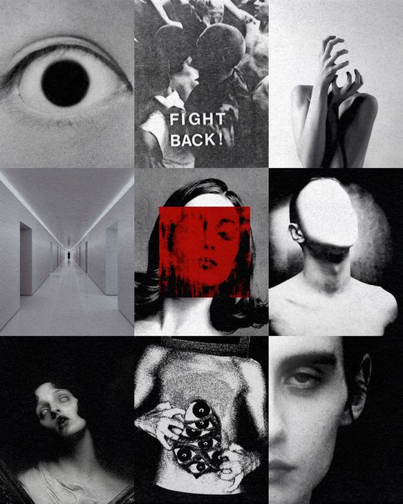 A moodboard of nine enigmatic, grayscale images: a close-up eye, crowd with "fight back" text, hands in anguish, eerie hallway, portrait with red overlay, faceless figure, ghostly woman, torso with eyes, and solemn face. Dark, surreal, thought-provoking.