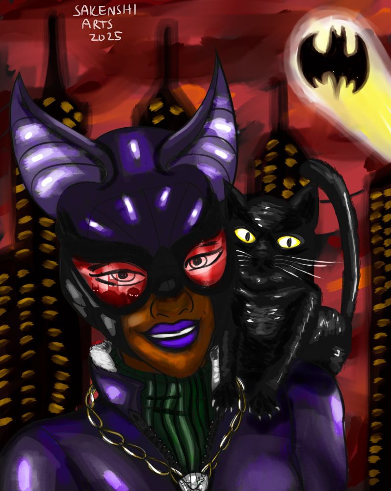 Catwoman greeting Batman and his crimefighting sidekicks on a dark Gotham rooftop
