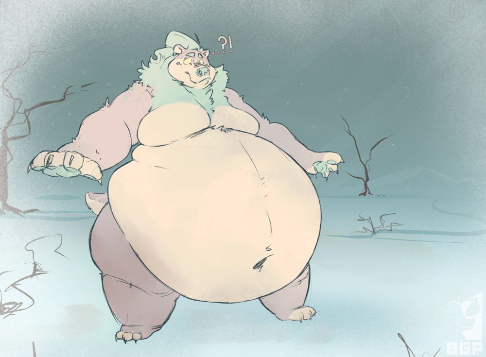 Fat Mango Polar Bear standing out in the cold. with a huge belly.