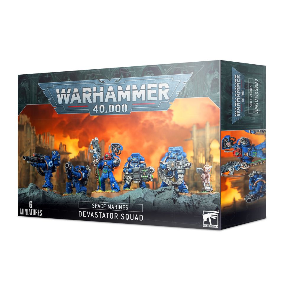 Caja del kit de la escuadra de devastadores para los Marine la Espaciales de Warhammer 40000

La caja muestra miniaturas de 5 marines espaciales armados con toda variedad de armas pesadas, acompañados de la miniatura de un querubín.