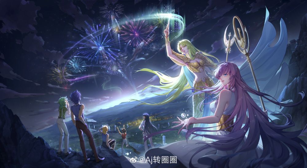 A digital illustration that focuses on Artemis (Saint Seiya) creating fireworks with her sister Athena, while the Bronze Saints look into the distance over a town