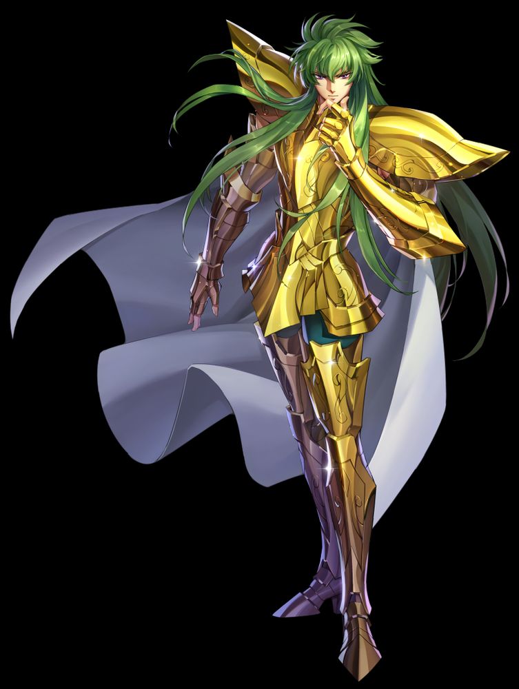 Digital illustration of Aquarius Degel, from Saint Seiya The Lost Canvas, wearing his Gold Cloth and with a hand to his chin with a pensive expression