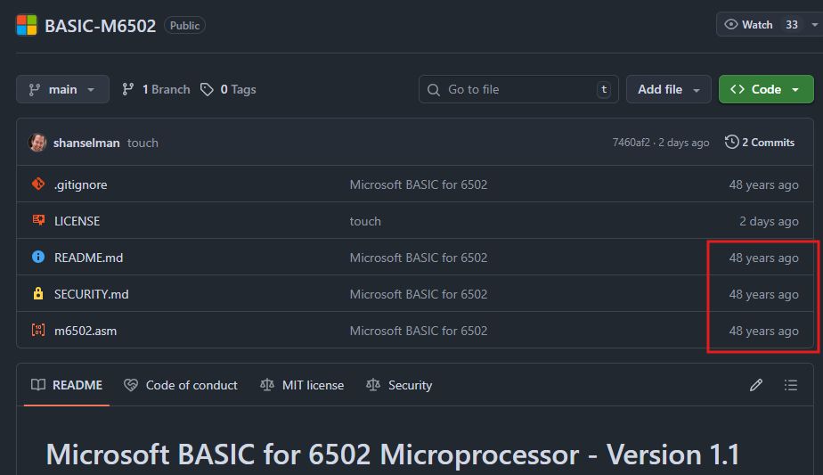 Screenshot of Microsoft's GitHub page for the MOS 6502 BASIC interpreter. Emphasis on the original git commit supposedly having been made 48 years ago.