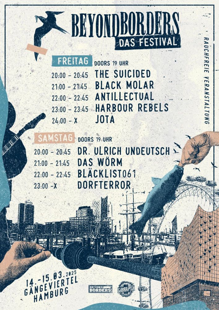 Gleiches Layout wie beim Festival Plakat. Auf dem Plakat sind die Bands abgebildet wann sie spielen bei uns im Gängeviertel. 
Einlass beide Tage 19 Uhr und es gibt sogar einen Food Truck. Dieser Truck hat ab Freitag Mittag geöffnet.
Da könnt ihr leckere vegane Mac and Cheese Burritos kaufen.

Freitag 

20:00 - 20:45 The Suicided 
21:00 - 21:45 Black Molar 
22:00 - 22:45 Antilectual
23:00 - 23:45 Harbour Rebels 
24:00 - Jota

Samstag : 

20:00 - 20:45 Dr.Ulrich Undeutsch 
21:00 - 21:45 Das Wörm
22:00 - 22:45 Bläcklist061 
23:00 - Dorfterror