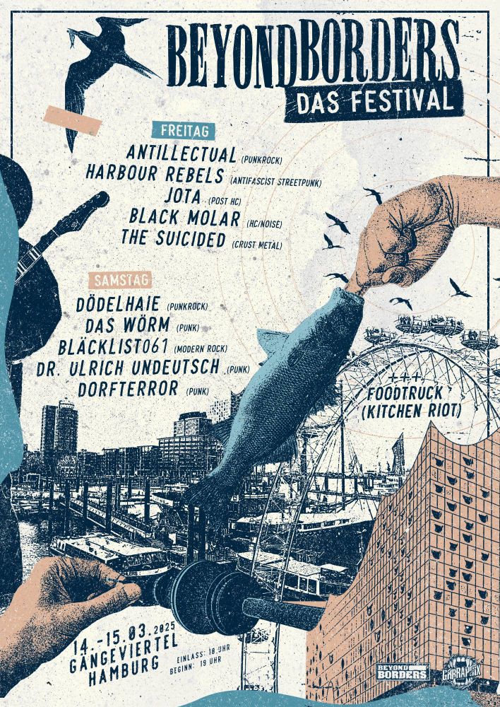 Man sieht die Elphi ,ein Riesenrad und die Hamburger Skyline . 
Auf dem Flyer in Dunkelblau gehalten stehen die Bands und was sie für Musik machen. Datum ist der 14. und 15.03 . Einlass ist ab 18 Uhr.
Es gibt einen Foodtruck der vegane Mac and Cheese Burritos kocht.
Das Festival findet im Gängeviertel statt und wir eine Preisempfehlung von 20-25€ betragen.

Bands:
FREITAG:
Antillectual - Skatepunk aus Nijmegen (Niederlande)
Harbour Rebels - Antifaschistisch Streetpunk aus Hamburg
The Suicided - Crust Metal aus Hamburg
Black Molar - HC/Noise aus Dortmund
Jota - Post/HC aus Halle(Saale)

SAMSTAG:

Dödelhaie - Punkrock aus Duisburg
Dr.Ulrich Undeutsch - Undeutschpunk aus Sachsen
Bläcklist061 - Modern Rock aus Halle(Saale)
Dorfterror - Punk aus Oberbillig bei Trier
Das Wörm - Punkrock aus Hamburg
