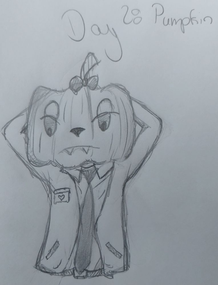 sketch of a man with a pumkin as a head with a bow and a suit