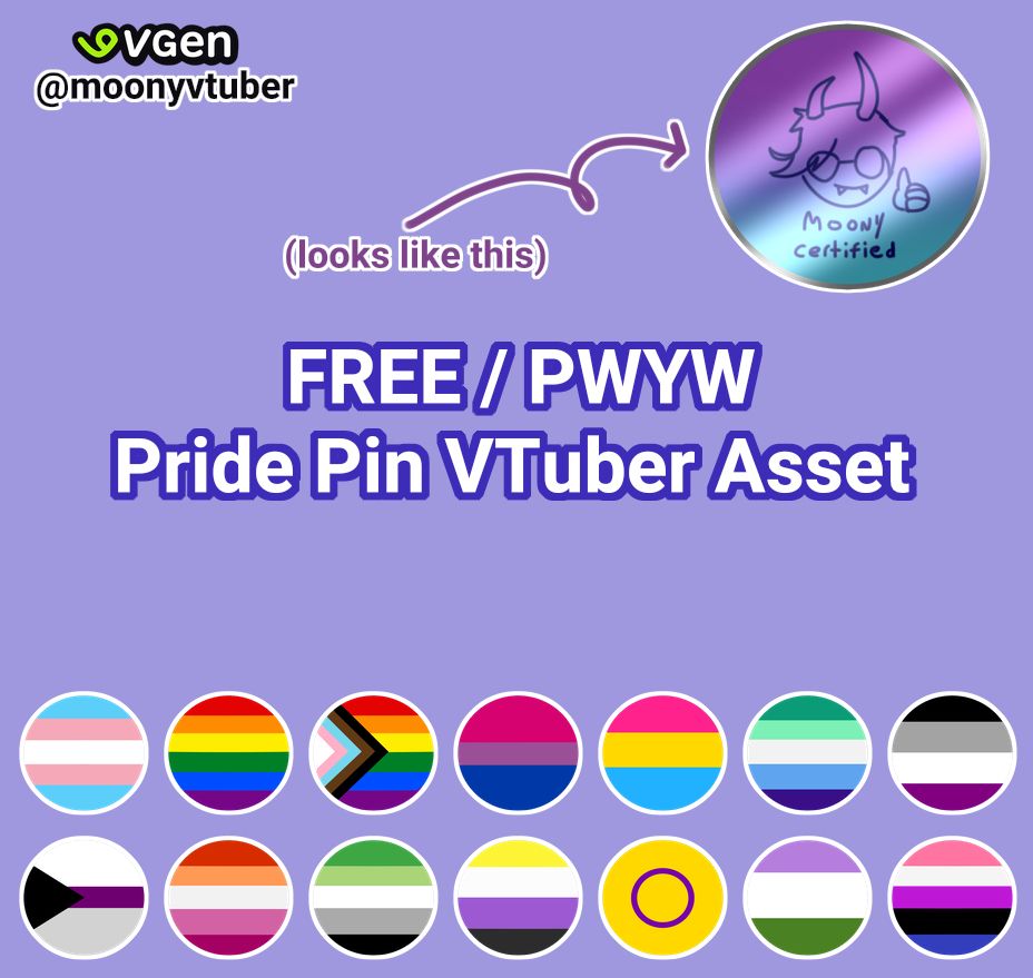 An image captioned "Free/PWYW Pride Pin VTuber Asset" with "VGen @moonyvtuber" and 14 pride flags listed.