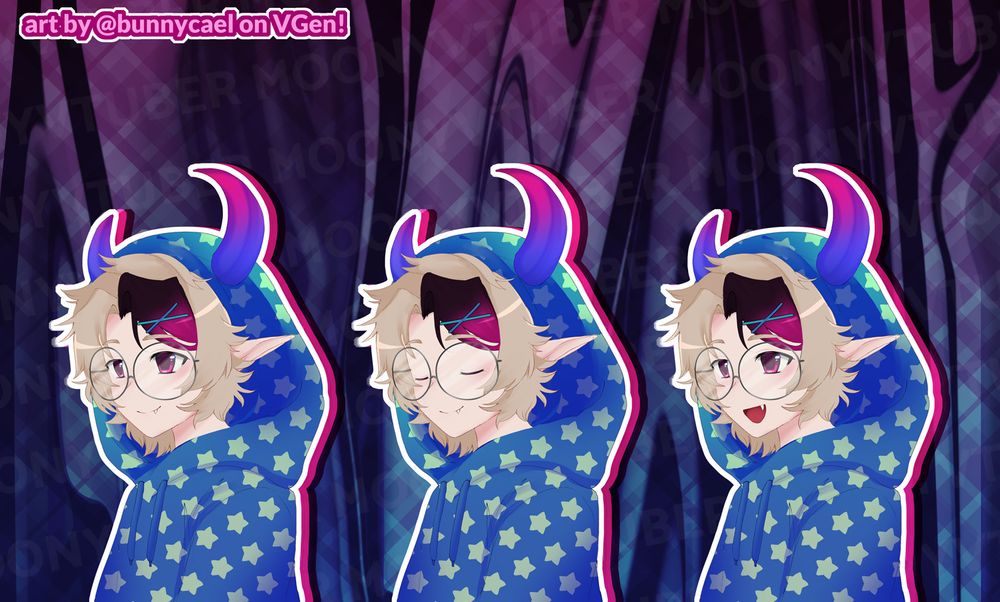 A showcase of three states of Moony's PNGTuber (Eyes open with mouth closed, eyes closed, and mouth open). Moony is wearing a blue star-patterned hoodie with his front hair, ears, and horns sticking out, with round glasses on. He has a blue hairclip on his bangs, and a fang sticking out of his mouth, even when closed. It is drawn in a 2000s-inspired anime art style.