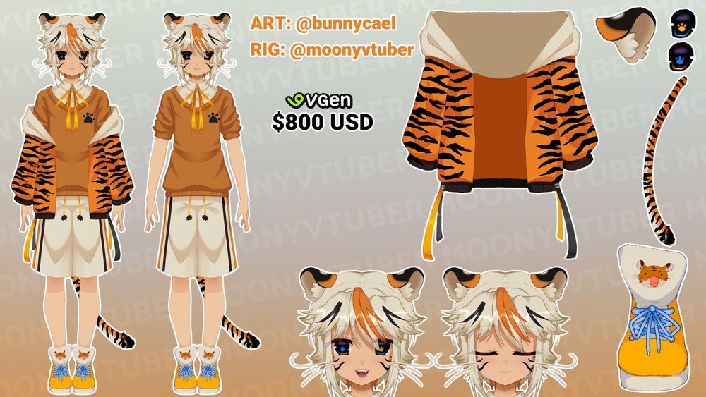 A reference sheet for a tiger-themed VTuber model.