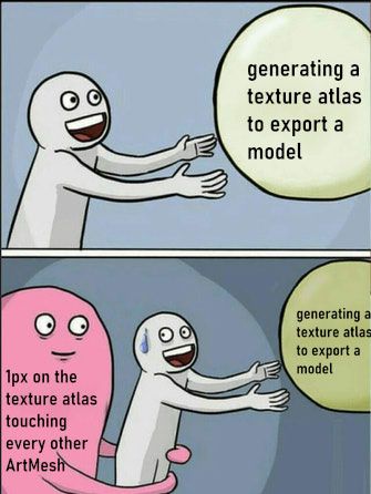 A two-panel comic meme of a person reaching out to grab something labeled "generating a texture atlas to export a model", and in the second is being grabbed from behind by a creature labeled "1px on the texture atlas touching every other ArtMesh"