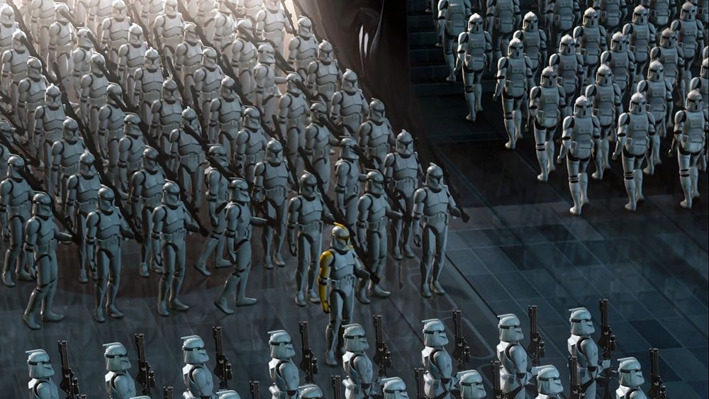 A screenshot from the movie "Star wars the clone wars". We can see three neat groups of clones in armor standing in formation.