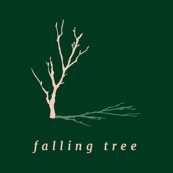 The Falling Tree logo designed by Ariana Martinez. A tree reaches its branches up towards the sky, casting a light green shadow onto the ground below. The text reads ‘falling tree’ in a soft pink against a dark forest green background