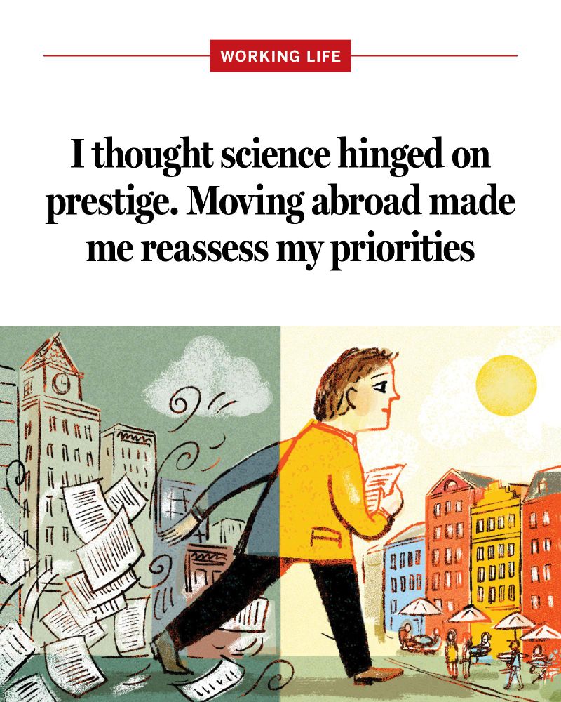 An illustration of a man walking out of a dark, paper-filled world into a bright, colorful one, with text: I thought science hinged on prestige. Moving abroad made me reassess my priorities
