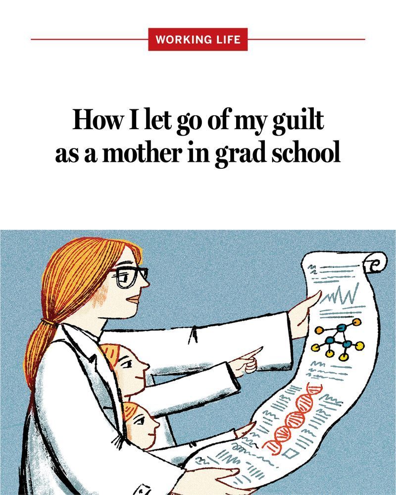 Illustration of a scientist doing work while her two daughters pop out of her coat. Headline says: How I let go of my guilt as a mother in grad school.