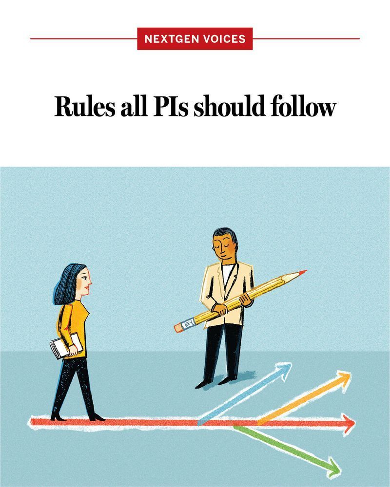 Illustration of two people, one holding a large pencil, the other walking along a path of diverging arrows. Hedline is "Rules all PIs should follow."