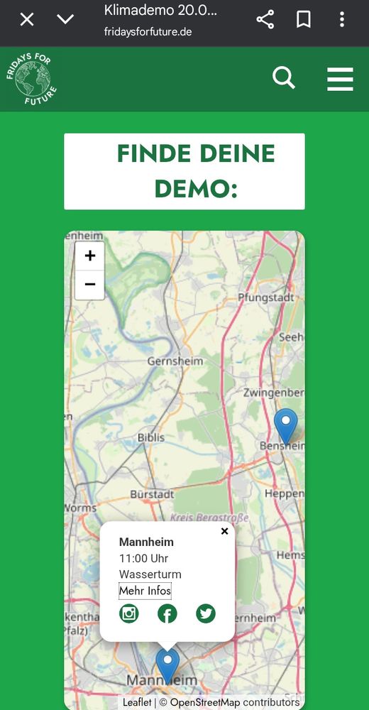 Map mit Links für X, Insta und Facebook.