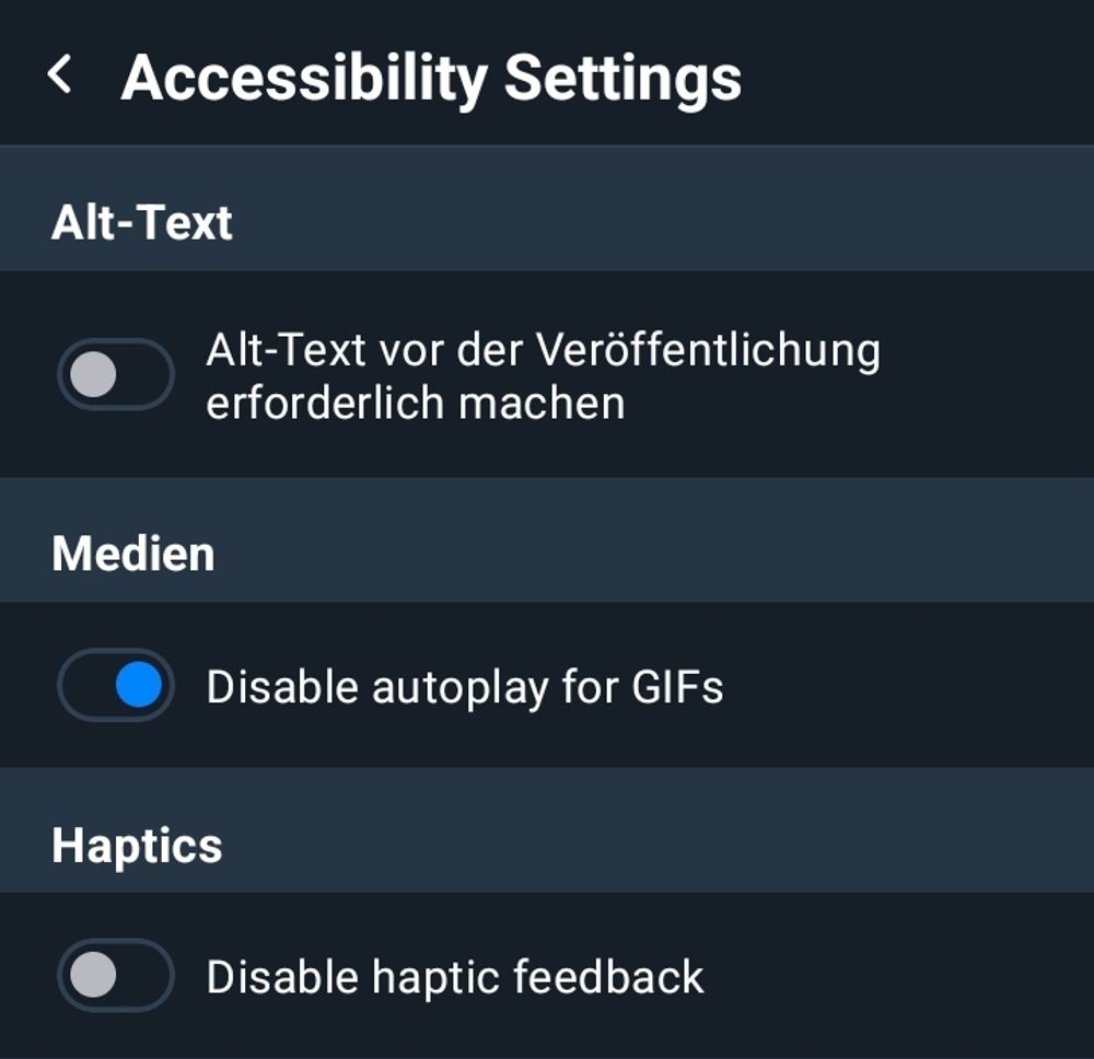 Screenshot of Accessibility Settings showing the new setting Disable autoplay for Gifs