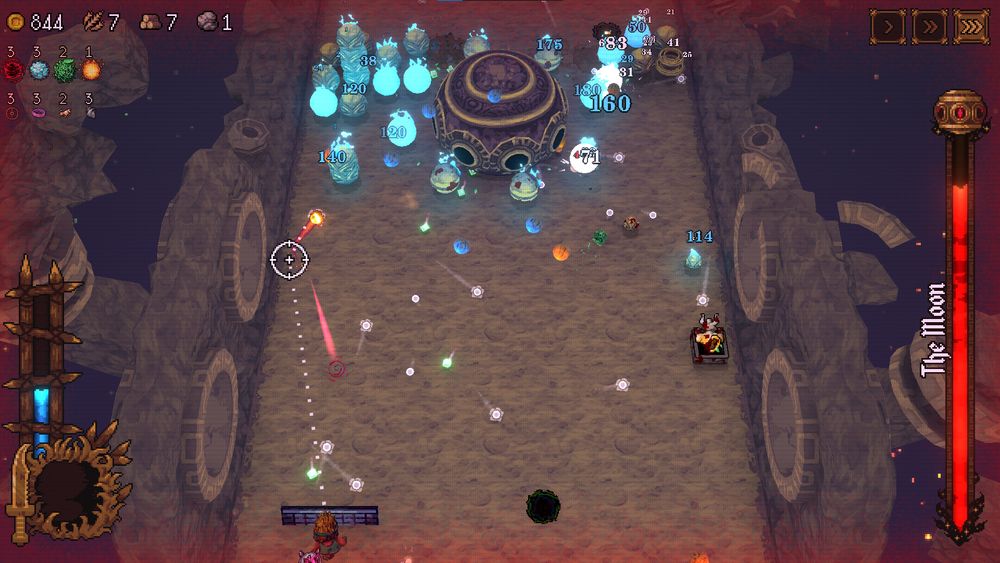 a screenshot from ball x pit showing that the final boss in the vast x void level is named "the moon"