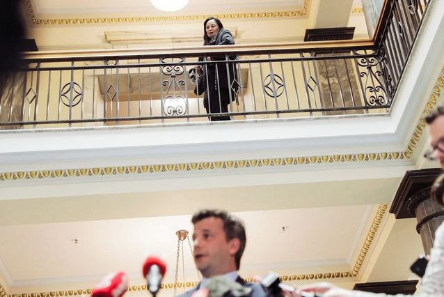 Debbie Ngarewa-Packer looks down on a pathetic, snivelling little shit-stain (David Seymour) from a balcony above him.