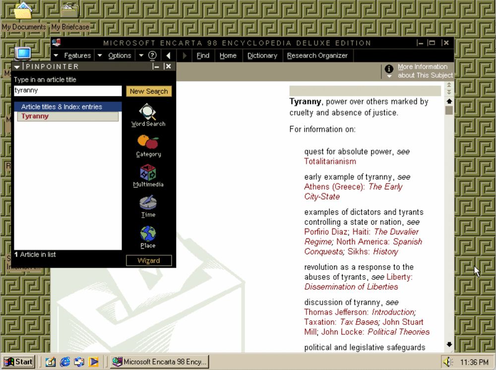 An image of a Windows ME desktop with an article about Tyranny open in Microsoft Encarta 98