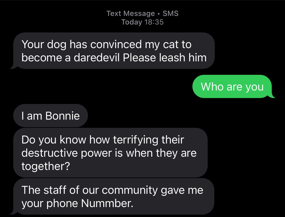Text Message • SMS
Today 18:35
Your dog has convinced my cat to
become a daredevil Please leash him
Who are you
I am Bonnie
Do you know how terrifying their
destructive power is when they are
together?
The staff of our community gave me
your phone Nummber.