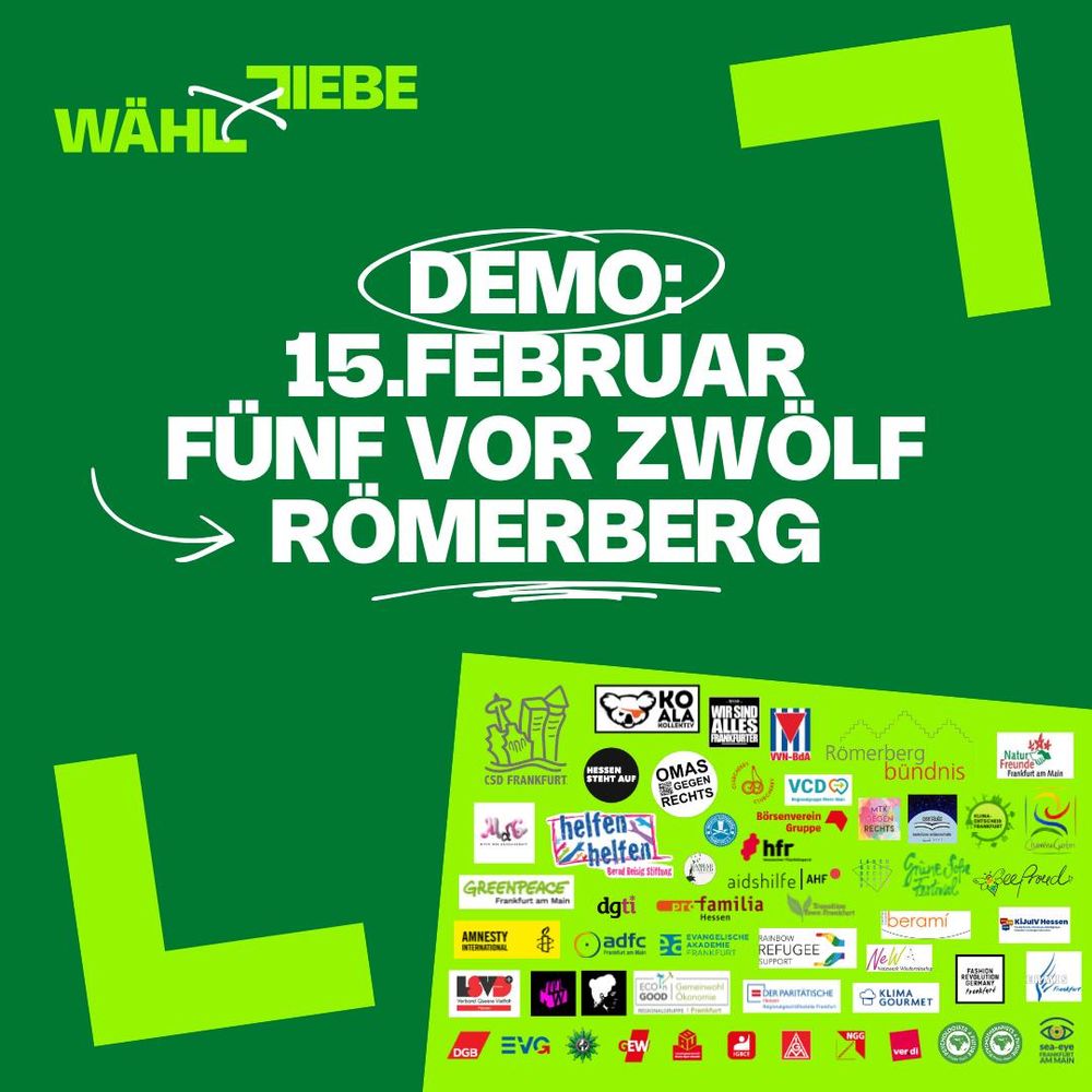 Sharepic mit Logos der Demo "Fünf vor Zwölf" am 15.02. auf dem Römerberg in Frankfurt